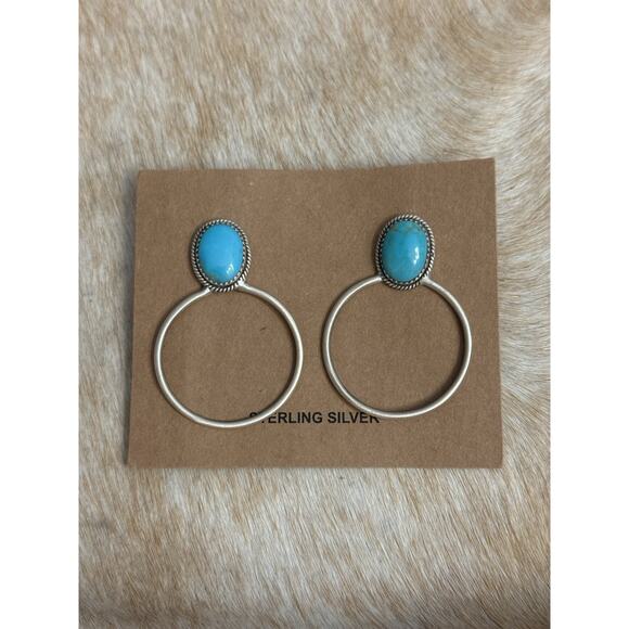 Huge Native American Sterling Silver Blue Kingman Turquoise Hoop Post Earrings - Picture 3 of 16